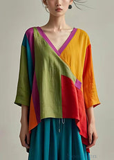 Brazalete de lino con diseño de patchwork asimétrico amarillo bohemio